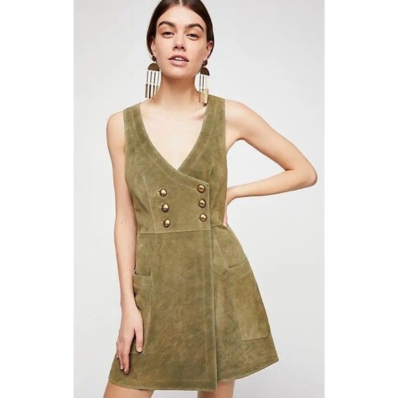 Free People Dresses & Skirts - Free People Suede Mini Dress Women Sz 4 Green Genuine Suede Boho Festival GUC